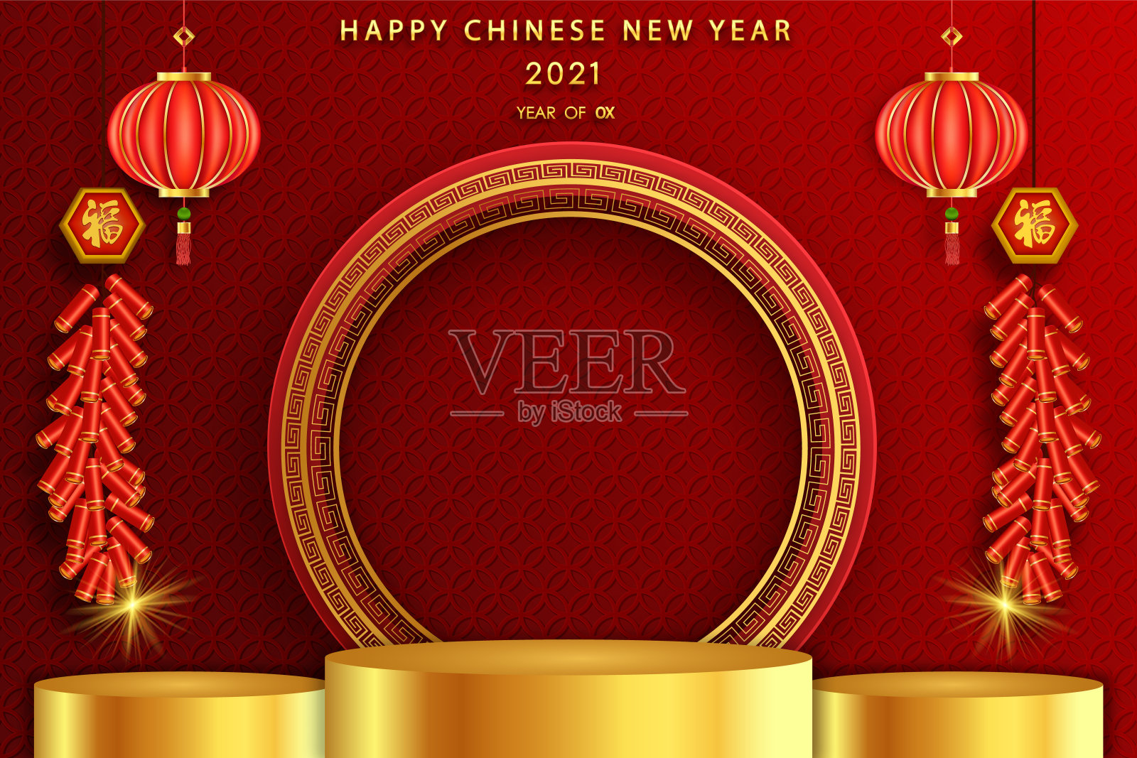 讲台圆形讲台讲台和纸艺术中国新年2021年,中国节日,红剪纸,花和亚洲元素与工艺风格的背景。插画图片素材