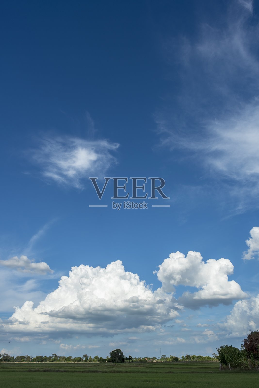 蓝色的天空,绿色的田野和白云。照片摄影图片