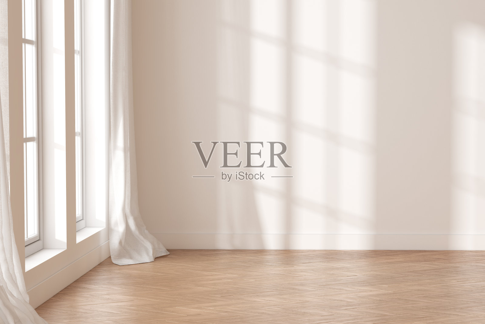 白色空房间的3D渲染,木地板和阳光投射在墙上的阴影。照片摄影图片