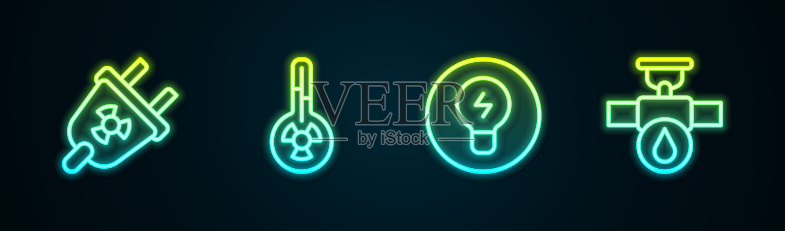 设置线路辐射电器插头,气象温度计,灯泡概念和工业管道和阀门。发光的霓虹灯图标。向量图标素材