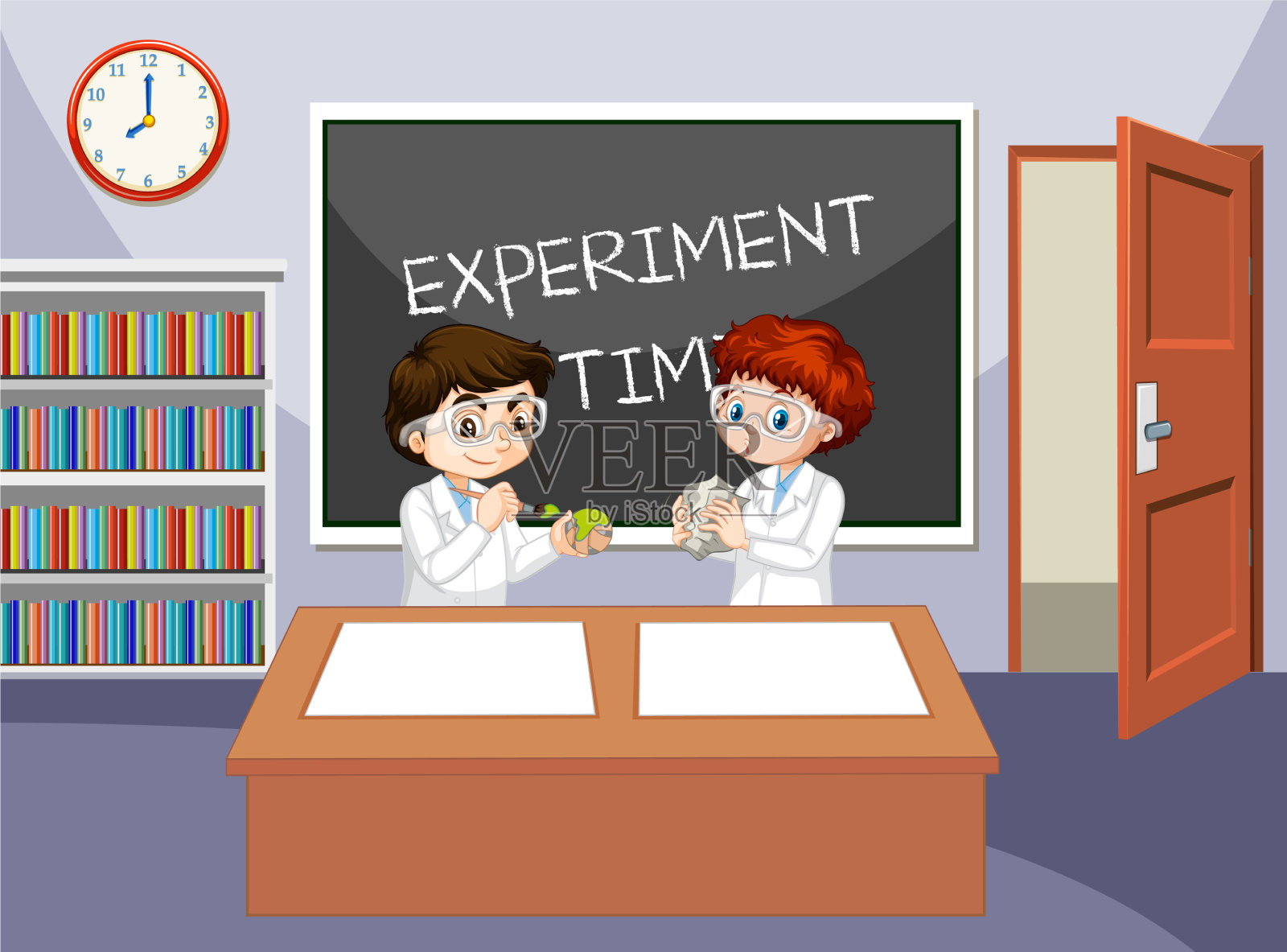 教室场景与学生穿着实验室插画图片素材