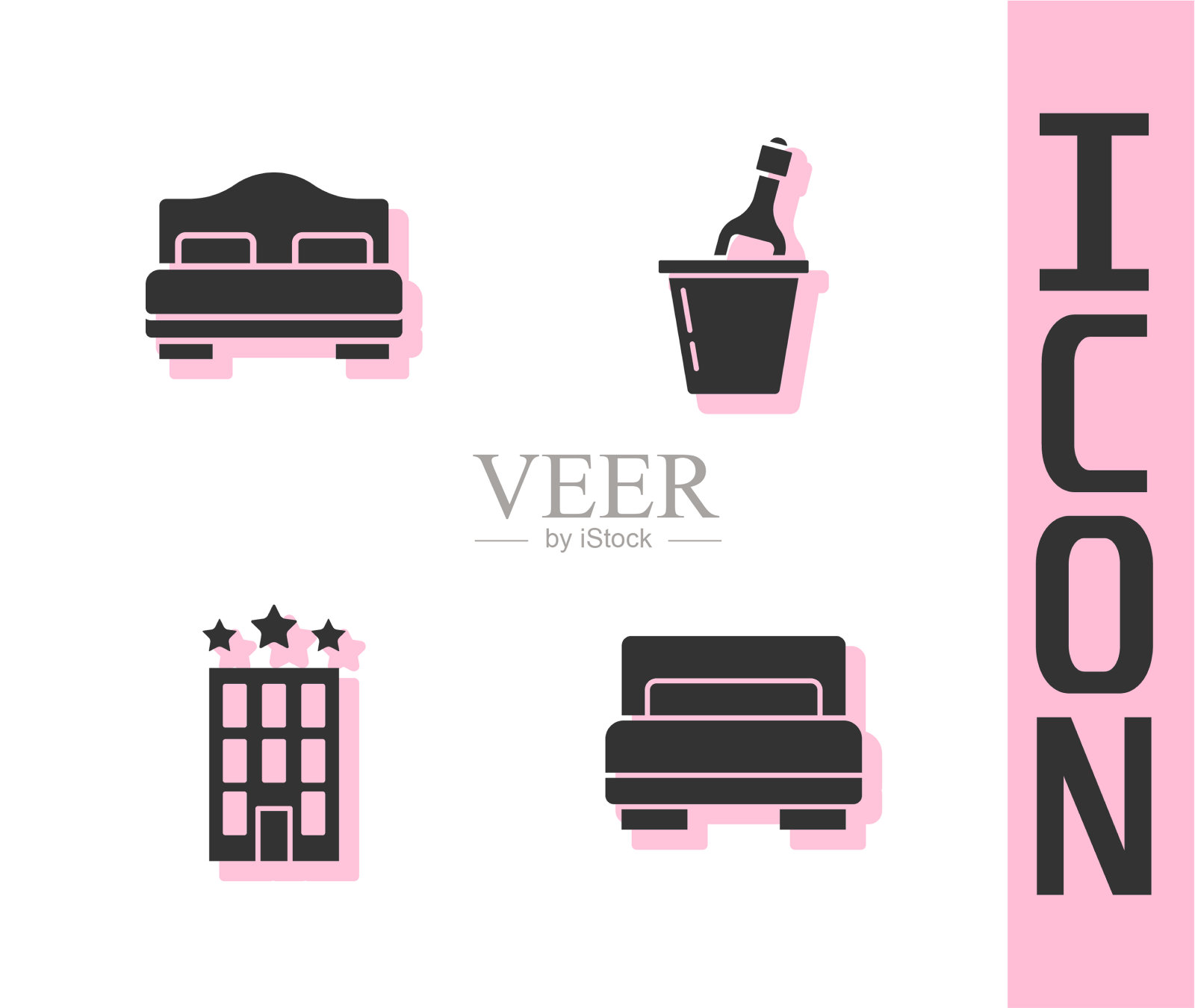 酒店客房、床楼、香槟酒等图标素材