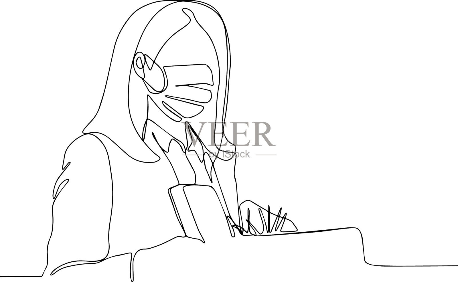 悲伤的女商人带着医用口罩站在户外插画图片素材