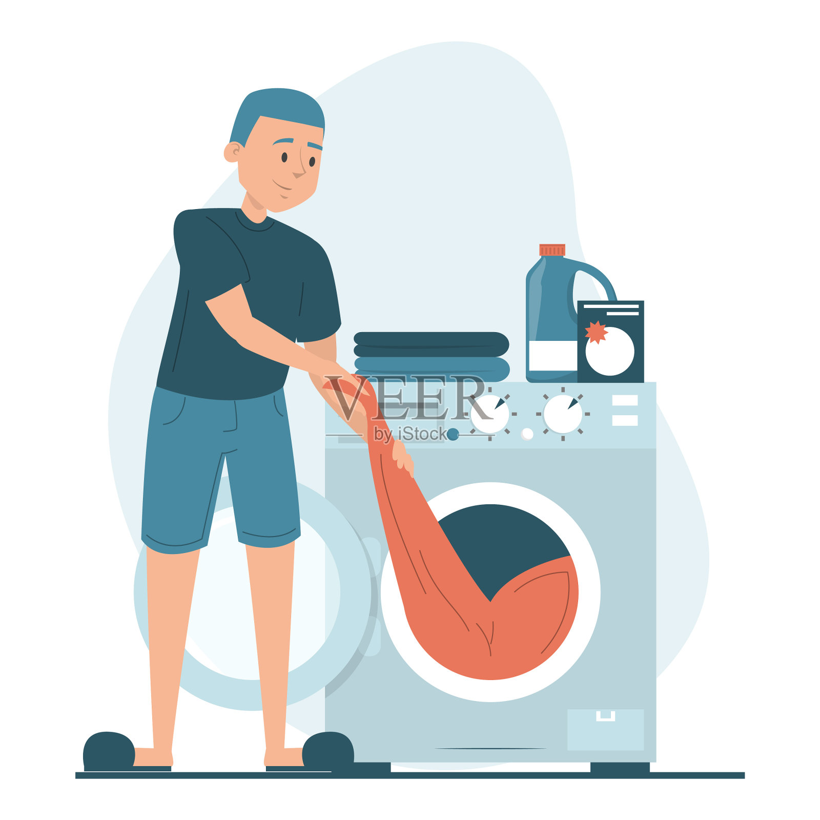 男人把衣服放进洗衣机里插画图片素材