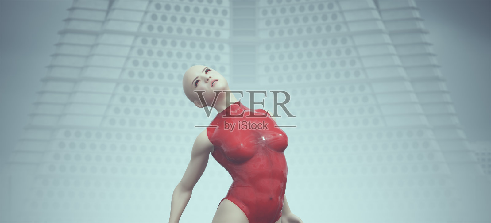 未来主义女性在一个红色的身体服装的姿势外星景观雾遗弃野兽派建筑照片摄影图片