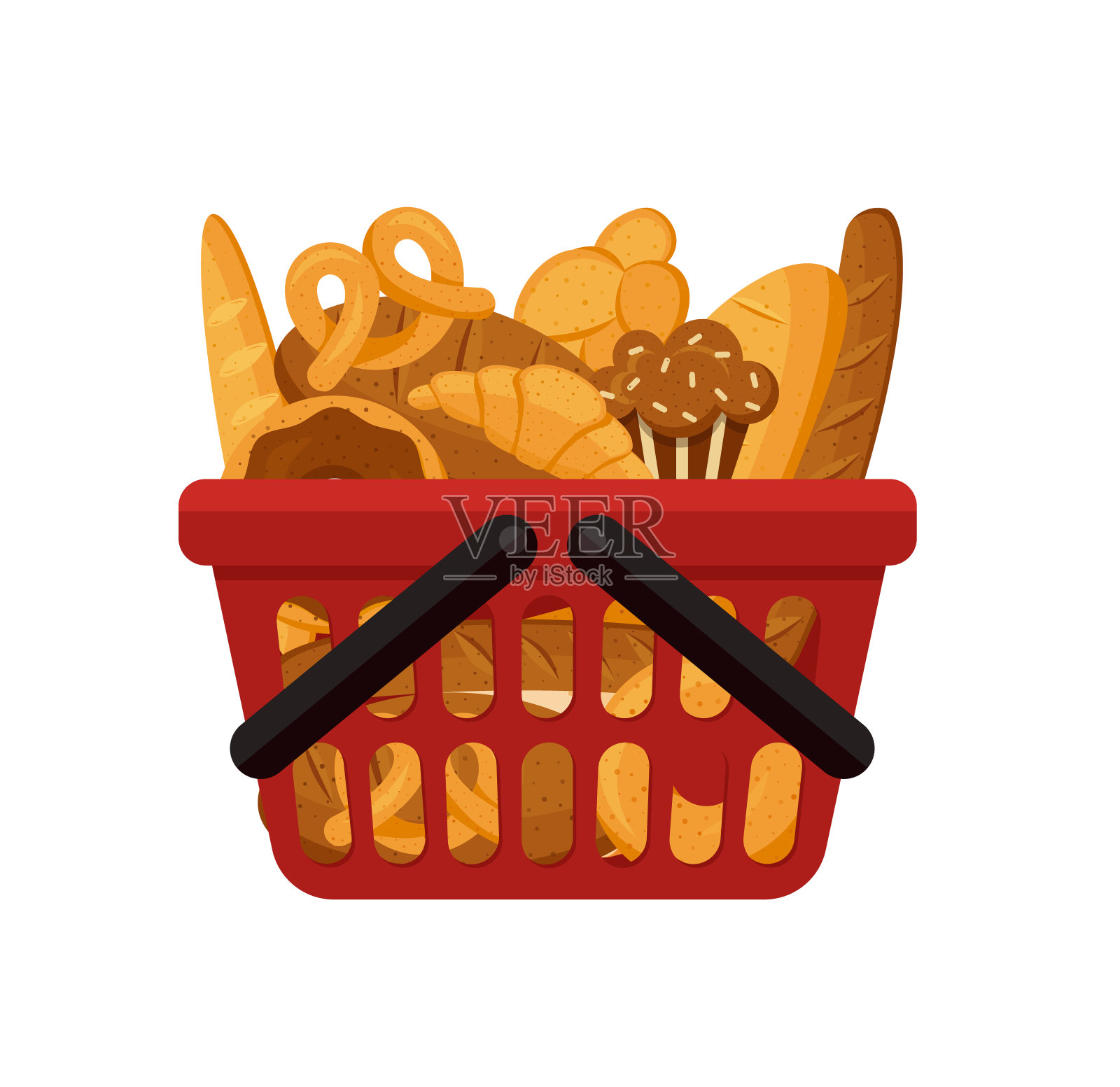 塑料红篮子超市与面包,卷,牛角和储存容器。向量杂货篮子现实的插图孤立在白色的背景。插画图片素材