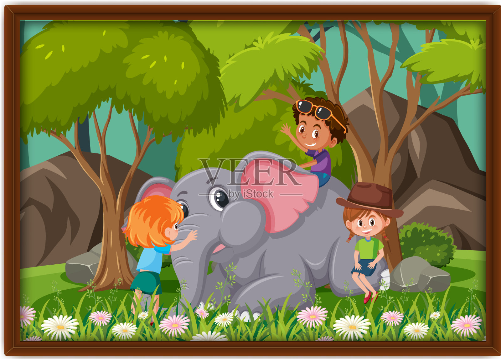 快乐的孩子们玩着相框里的大象照片插画图片素材