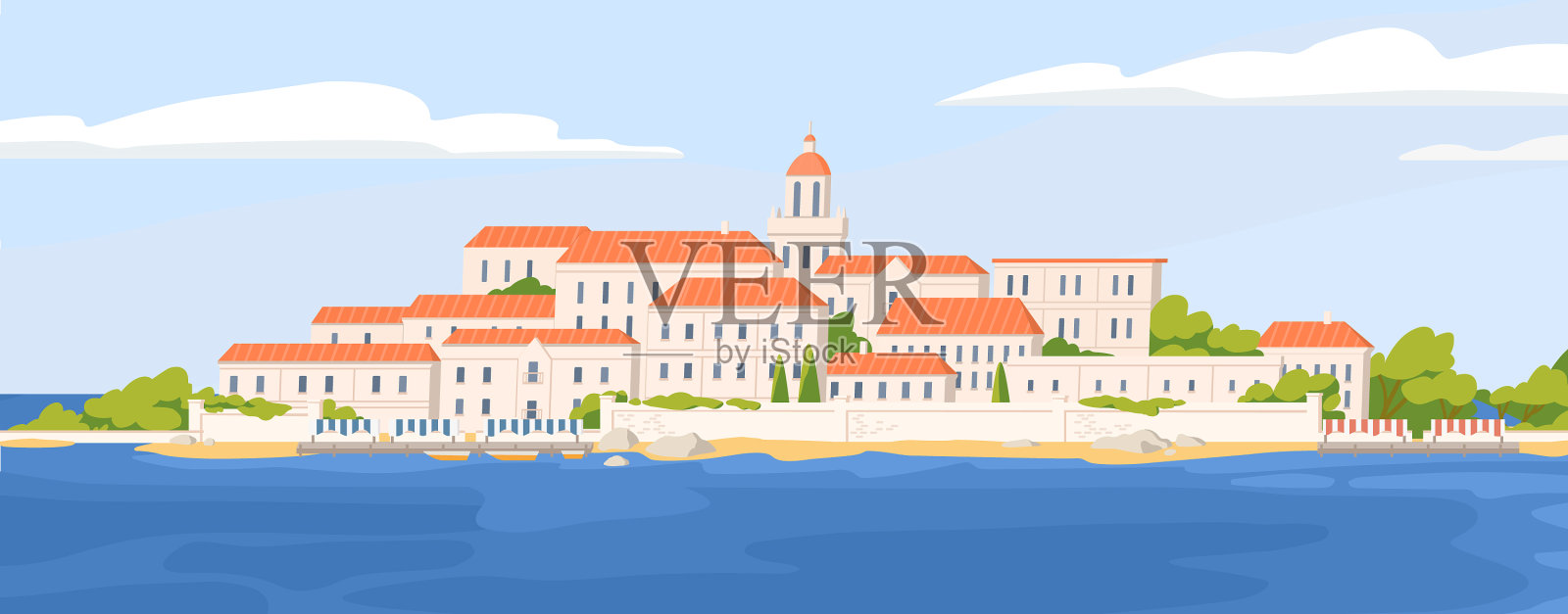 夏日的海滨小镇风景优美插画图片素材