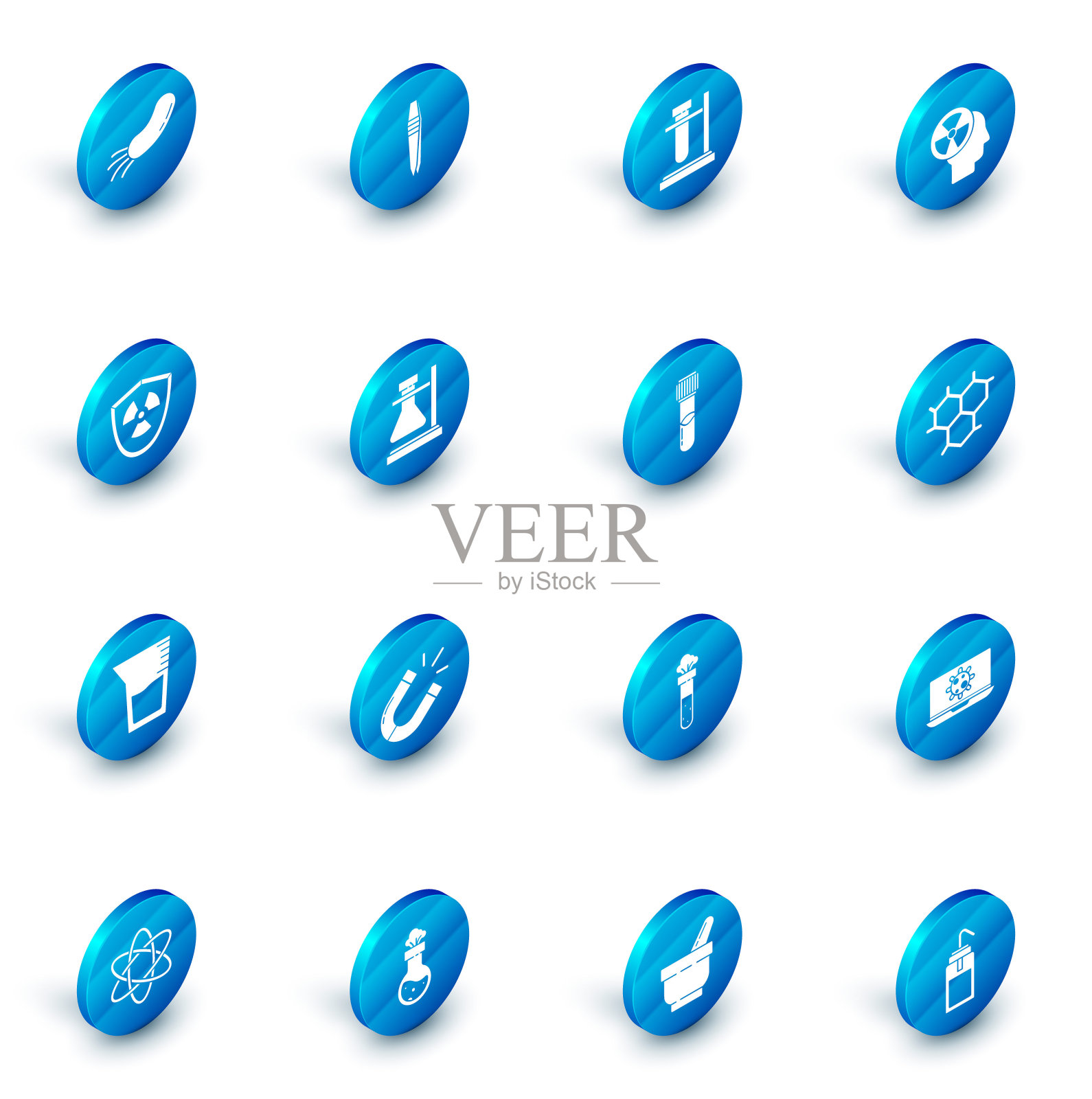 放置镊子,试管烧瓶,人头辐射,防辐射,实验室玻璃器皿或烧杯,化学配方和化学图标。向量图标素材