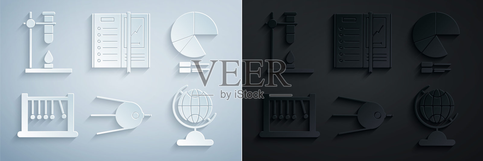 设置卫星,饼图信息图,钟摆,地球地球仪,笔记本和玻璃试管烧瓶上的火加热器图标。向量图标素材