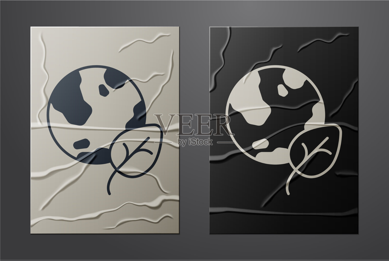 白色地球地球仪和树叶图标孤立的白色插画图片素材