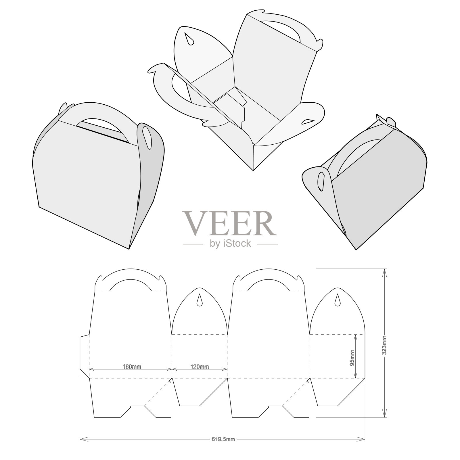 蛋糕盒(内部尺寸18x12+9.5厘米)和模切图案插画图片素材