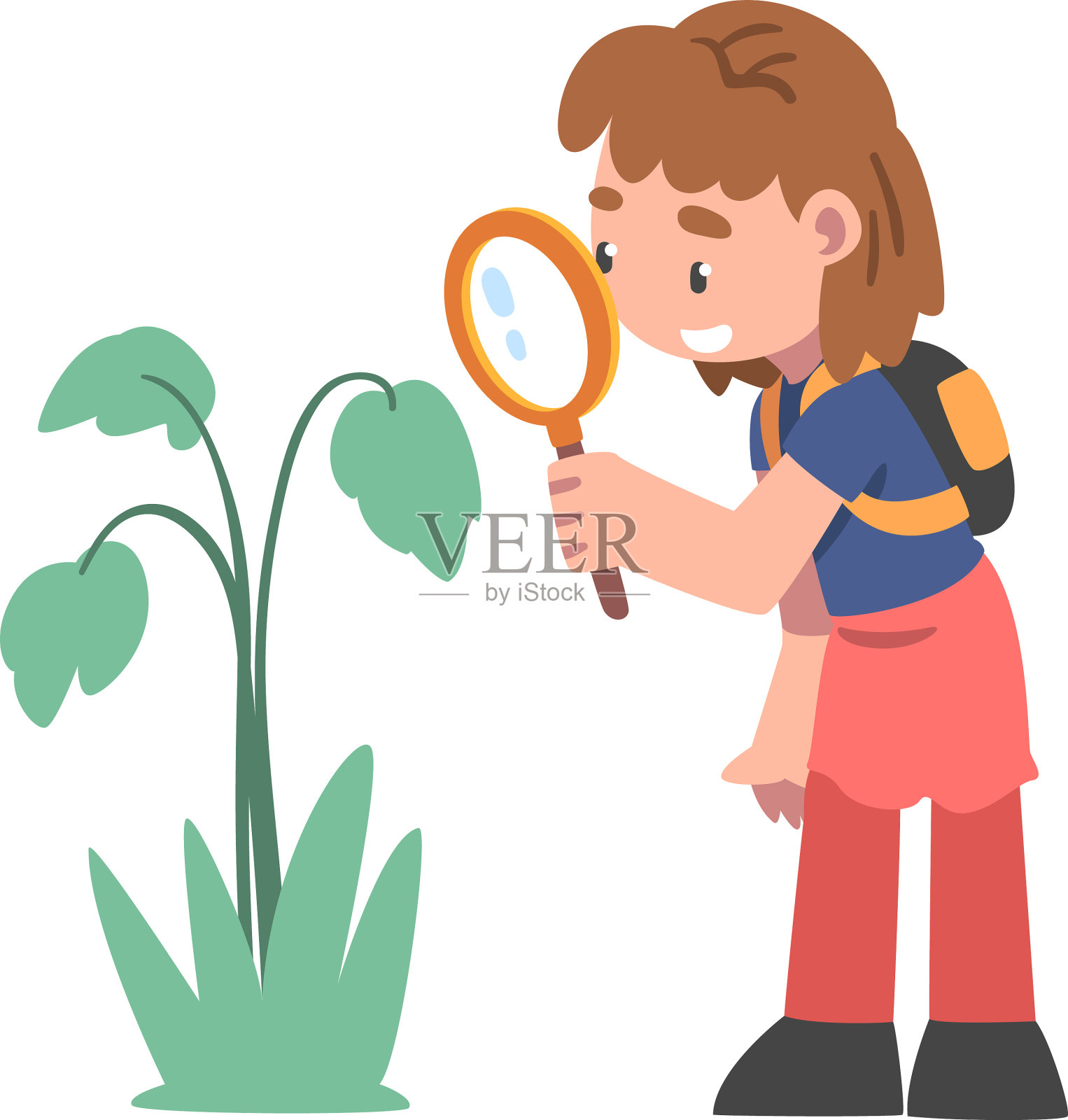 好奇的女孩拿着放大镜研究植物设计元素图片