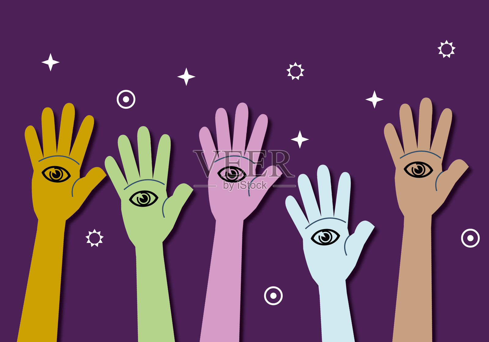 在蓝色背景上着色的手,手的颜色不同。插画图片素材