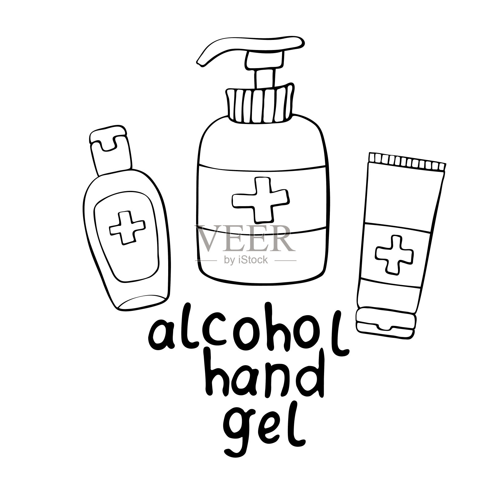 套瓶凝胶洗手液。个人卫生产品。消毒器消毒,保护冠状病毒细菌。矢量轮廓图标在平面涂鸦风格孤立插画图片素材