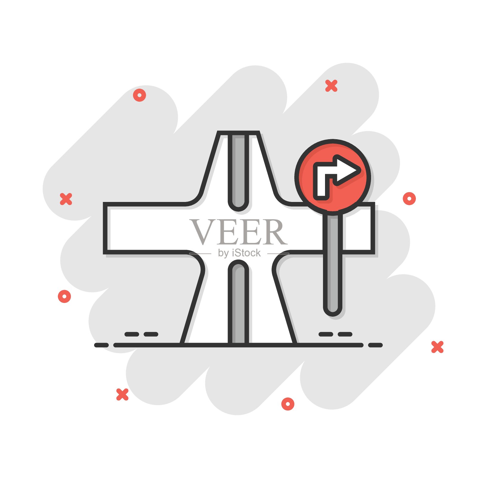 十字路口图标漫画风格。道路方向导航卡通矢量插图在白色孤立的背景。定位销定位飞溅效应经营理念。设计元素图片