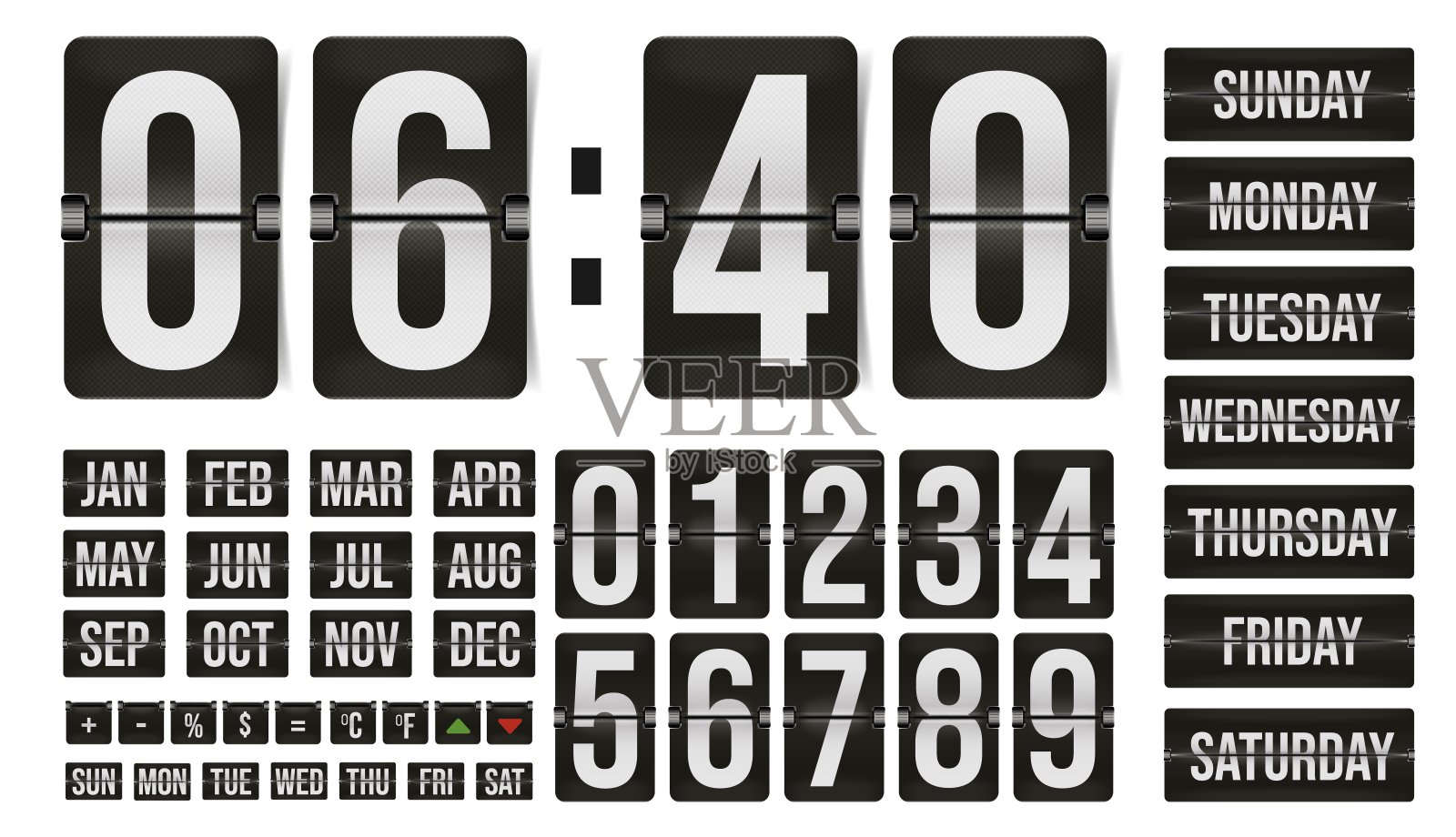 翻转时钟和日历与数字,月和日插画图片素材