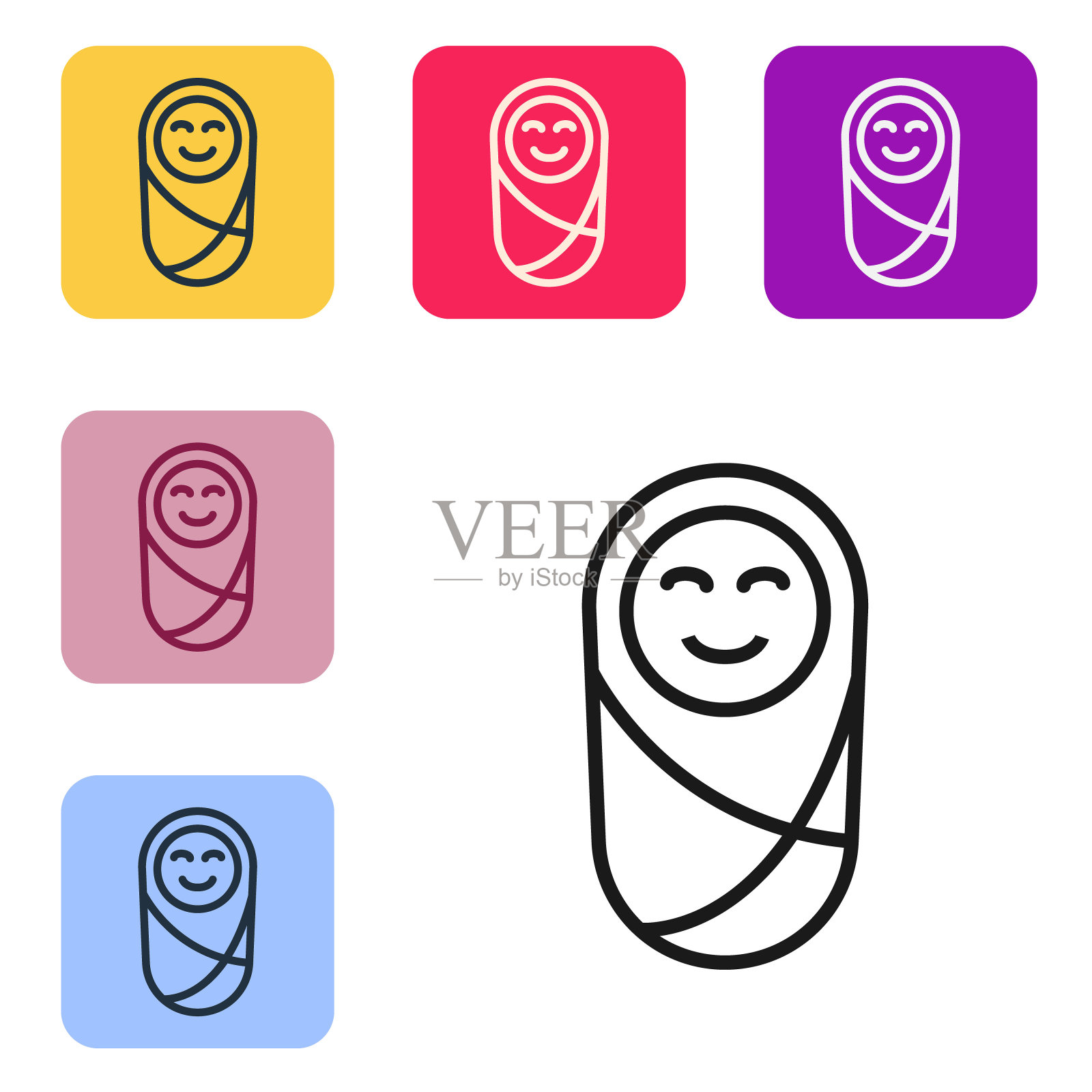 黑线新生儿婴儿襁褓或襁褓图标隔离在白色背景。婴儿裹着毯子,孩子裹着衣服。在彩色方形按钮中设置图标。向量插画图片素材