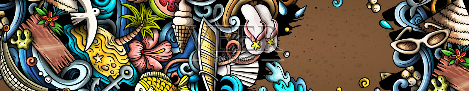 夏日沙滩手绘涂鸦横幅。卡通矢量详细传单。插画图片素材