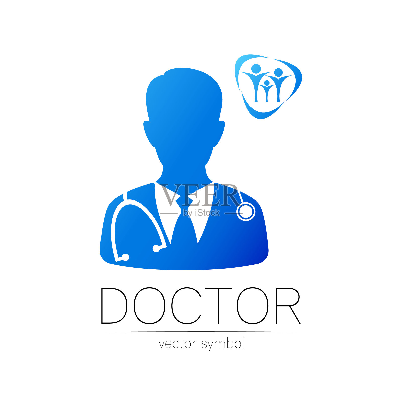 蓝色的家庭医生向量标识。轮廓医疗的人。标志诊所,医院,健康,医药和商业。概念隔离在白色背景上。模板为网络,身份风格。插画图片素材