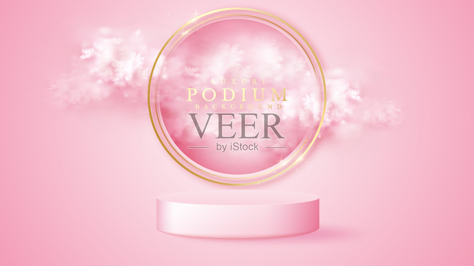 粉红色的裙台,背景上有金色的圆圈和云元素,现实的奢华背景概念,空白的放置文字和产品进行推广。3 d矢量插图。插画图片素材