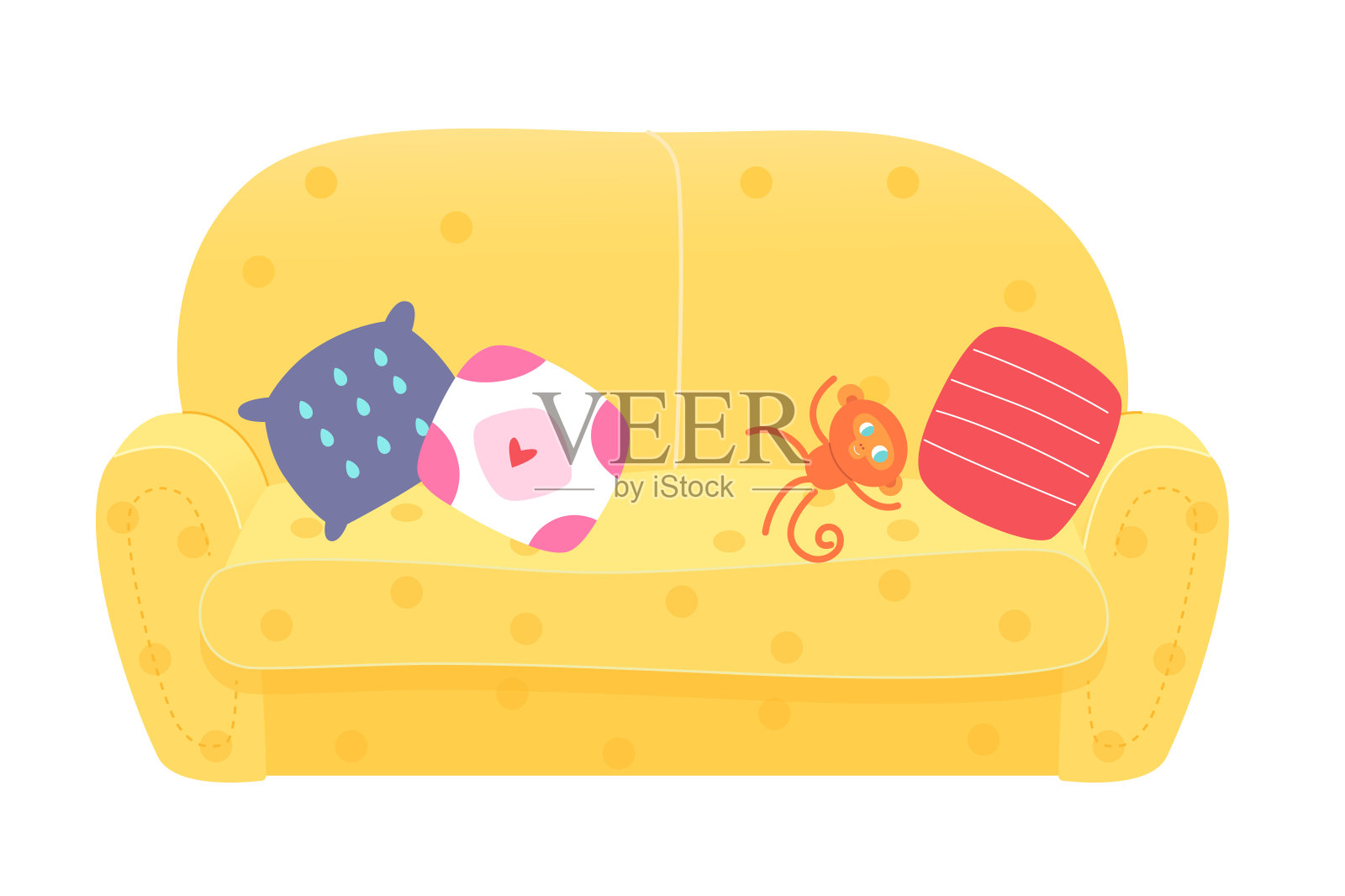 现代黄色沙发或沙发室内设计的背景元素。有枕头和猴子毛绒玩具的家俱。空舒适的区域休息和娱乐矢量插图插画图片素材