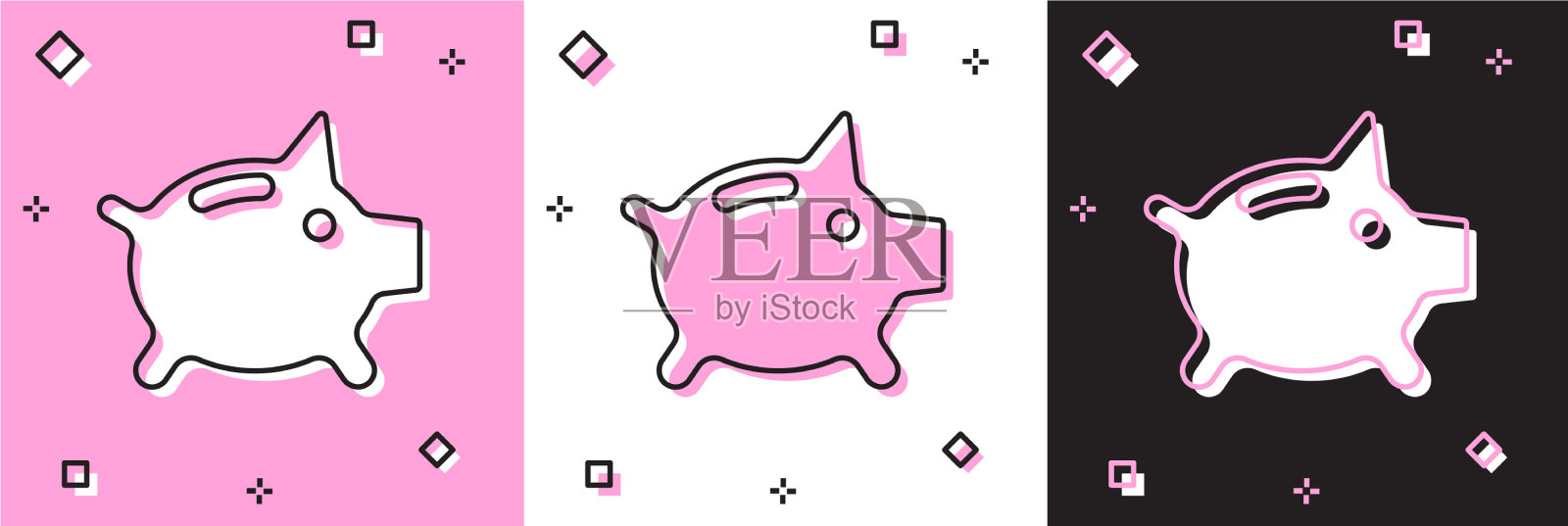 集小猪储蓄罐图标孤立在粉红色和白色插画图片素材