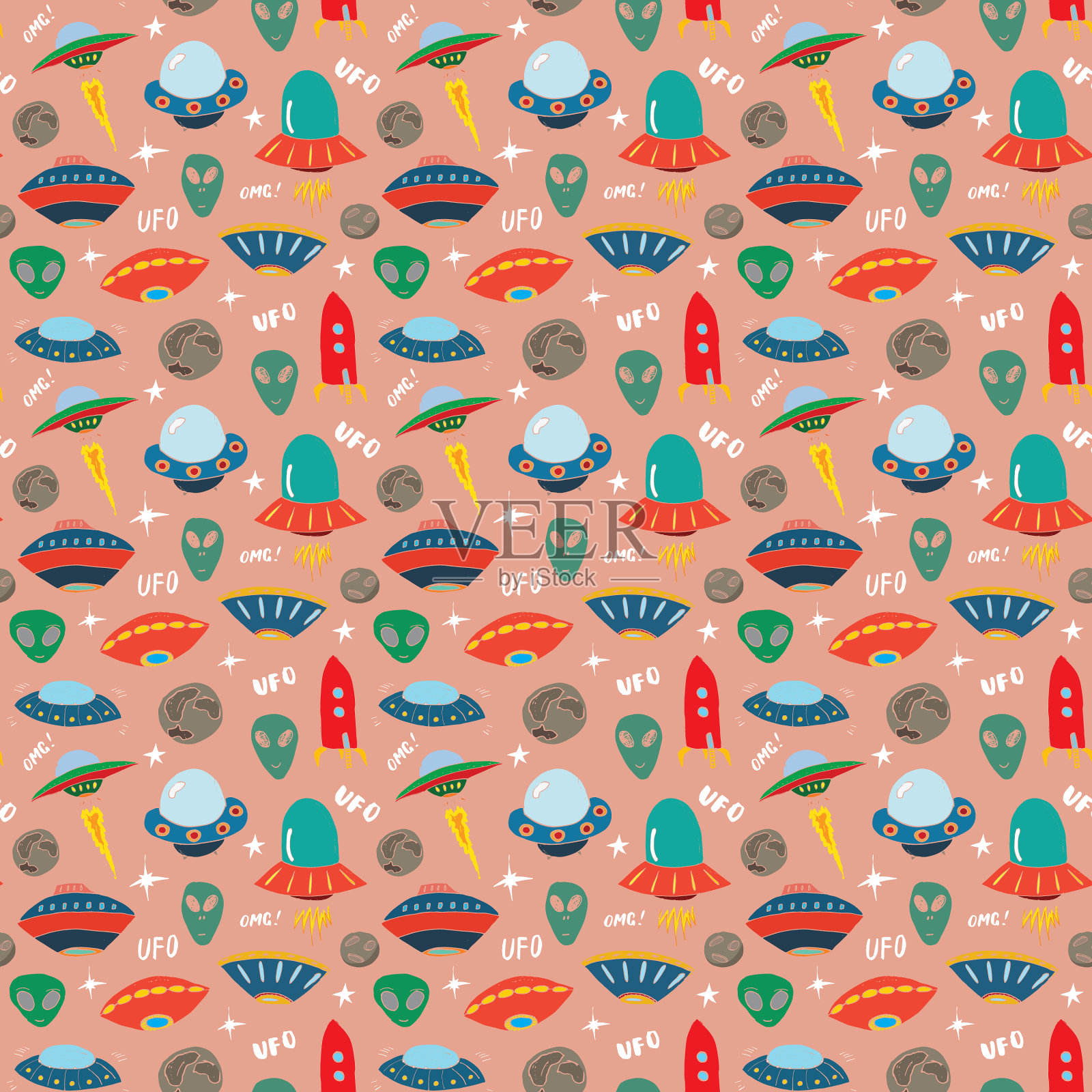 UFO和外星人的无缝图案可爱的涂鸦插画图片素材