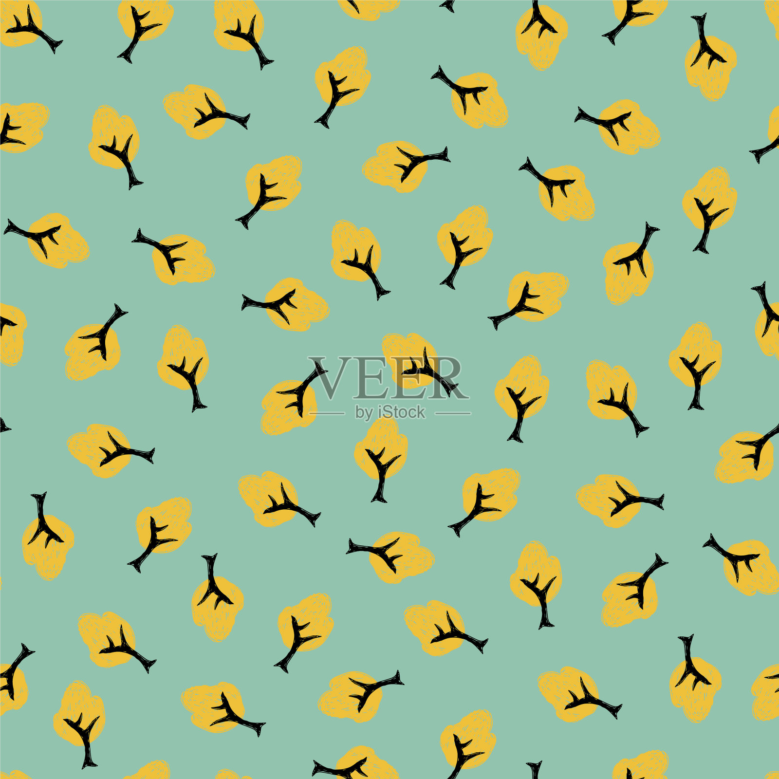 绿色和黄色可爱的树木钢笔素描插画图片素材