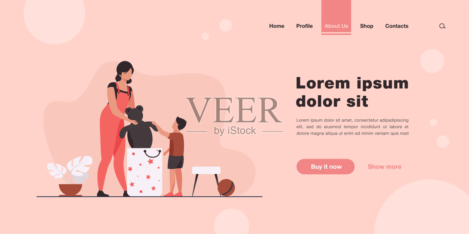 妈妈和小儿子把玩具装进袋子里插画图片素材