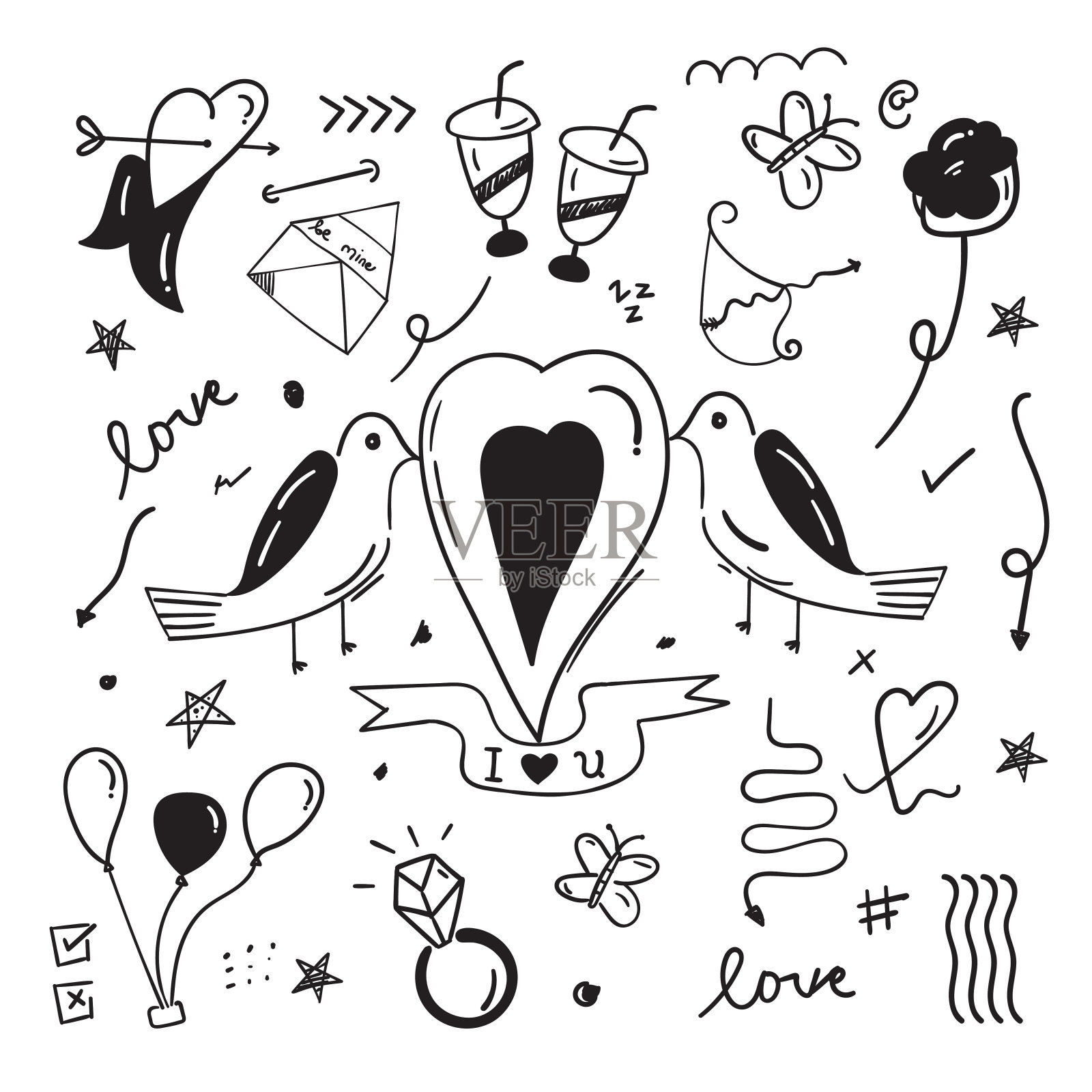 抽象涂鸦元素:爱心涂鸦概念插画图片素材