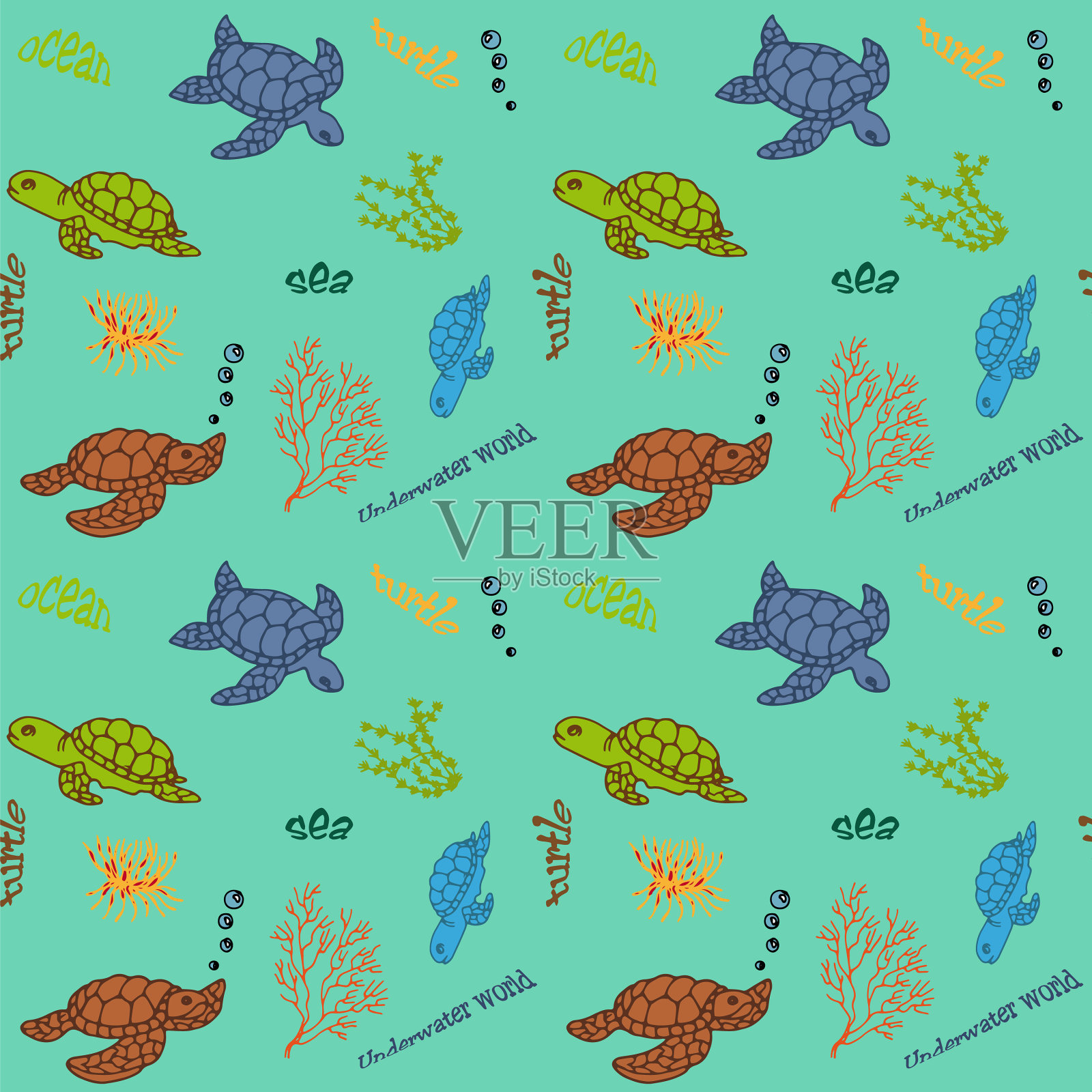 无缝纹龟和海藻使用插画图片素材