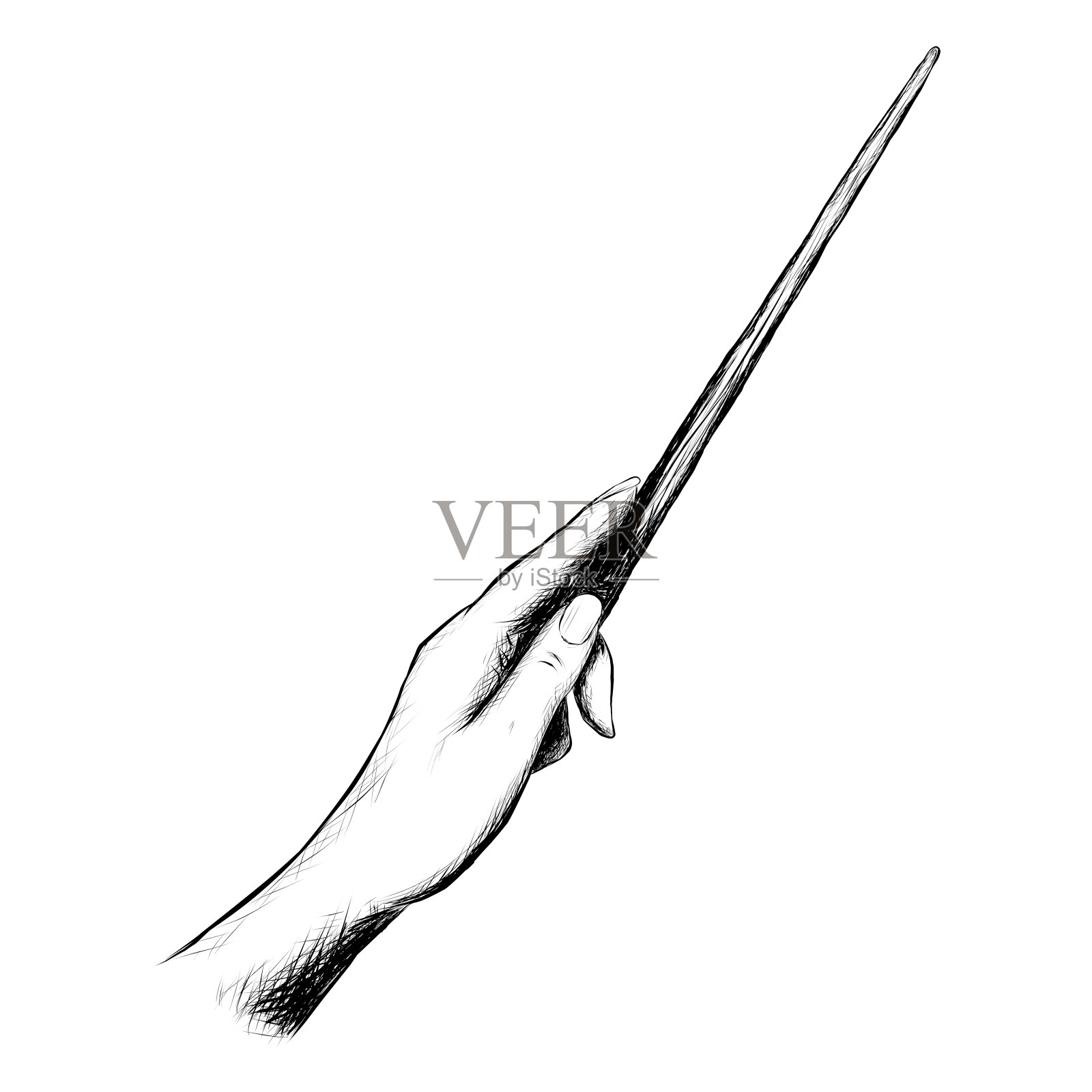 手握魔棒,黑色轮廓插图孤立在白色背景上插画图片素材