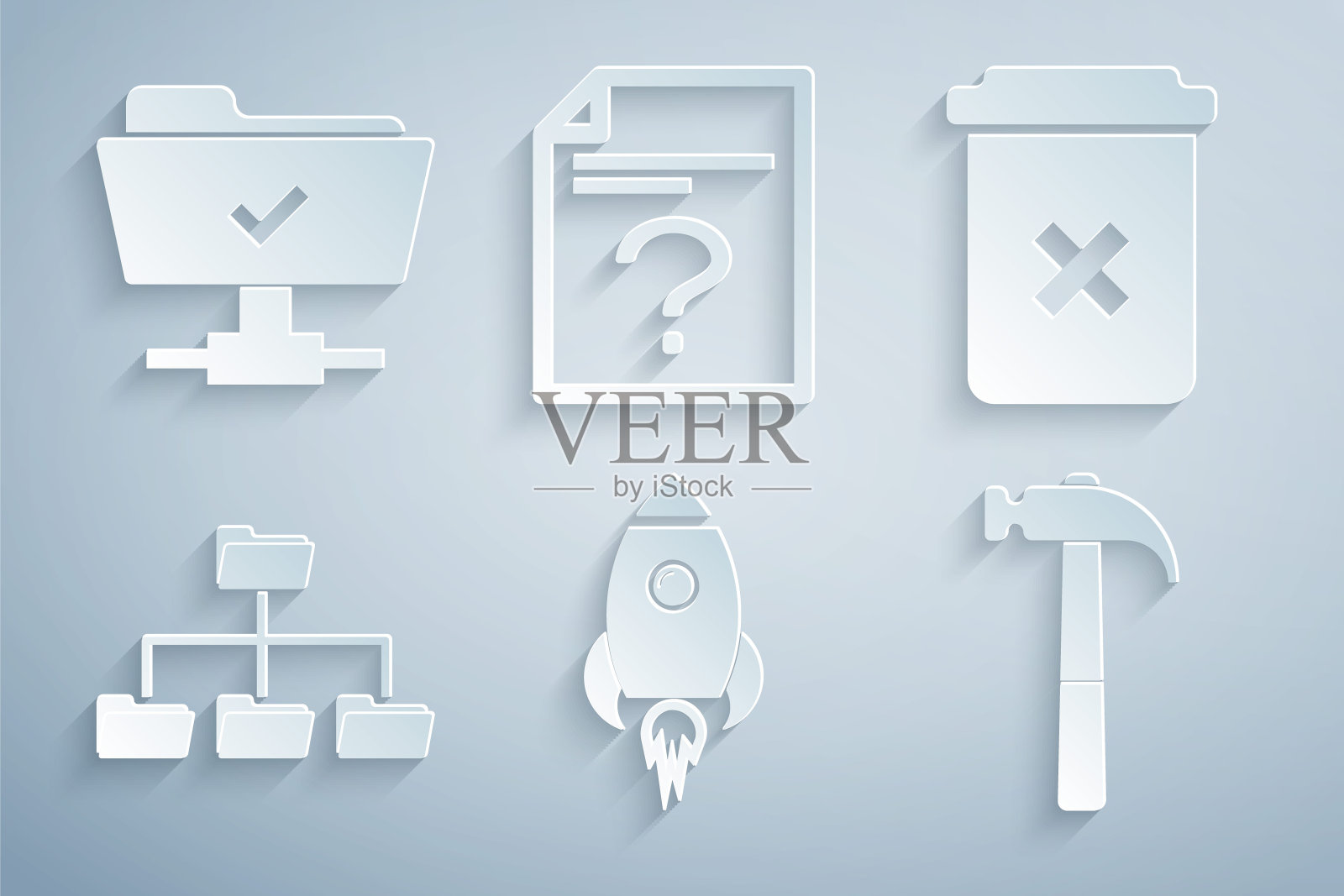 设置火箭船与火,垃圾桶,文件夹树,锤子,未知文件和FTP操作成功图标。向量插画图片素材