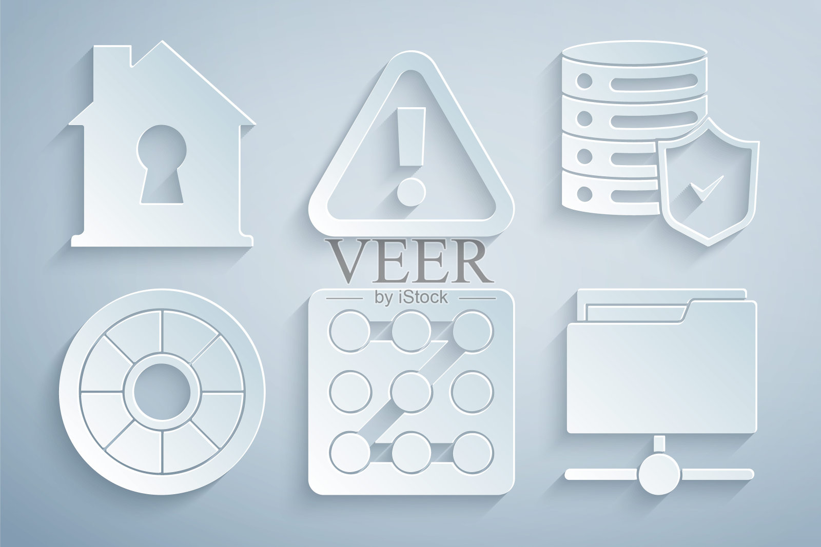 设置图形密码保护,服务器与屏蔽,安全,FTP文件夹,感叹号在三角形和房屋图标。向量图标素材