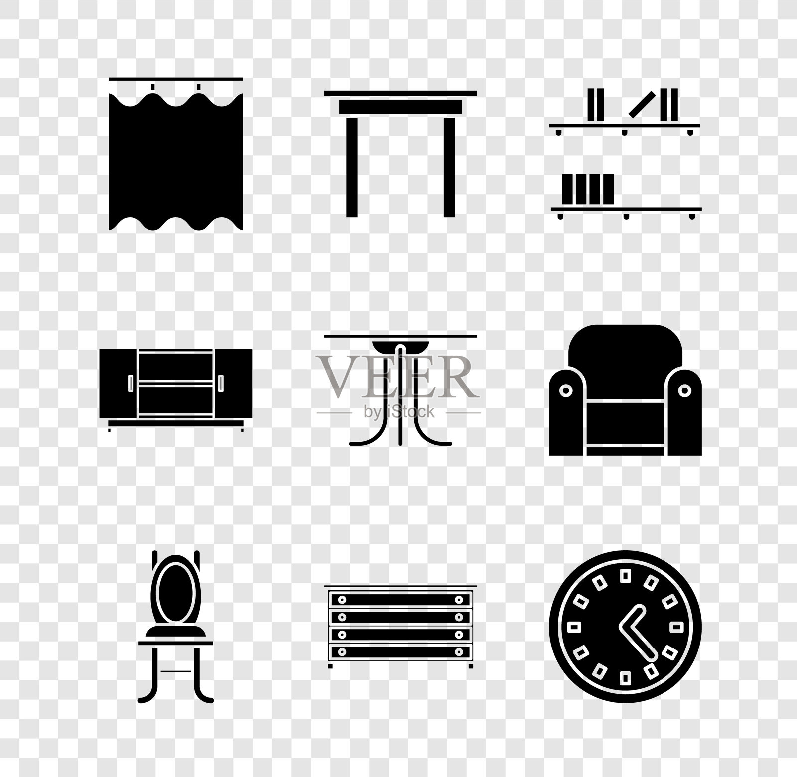 采购产品窗帘,木制桌子,书架与书,椅子,抽屉柜,时钟,电视站和圆形图标。向量图标素材