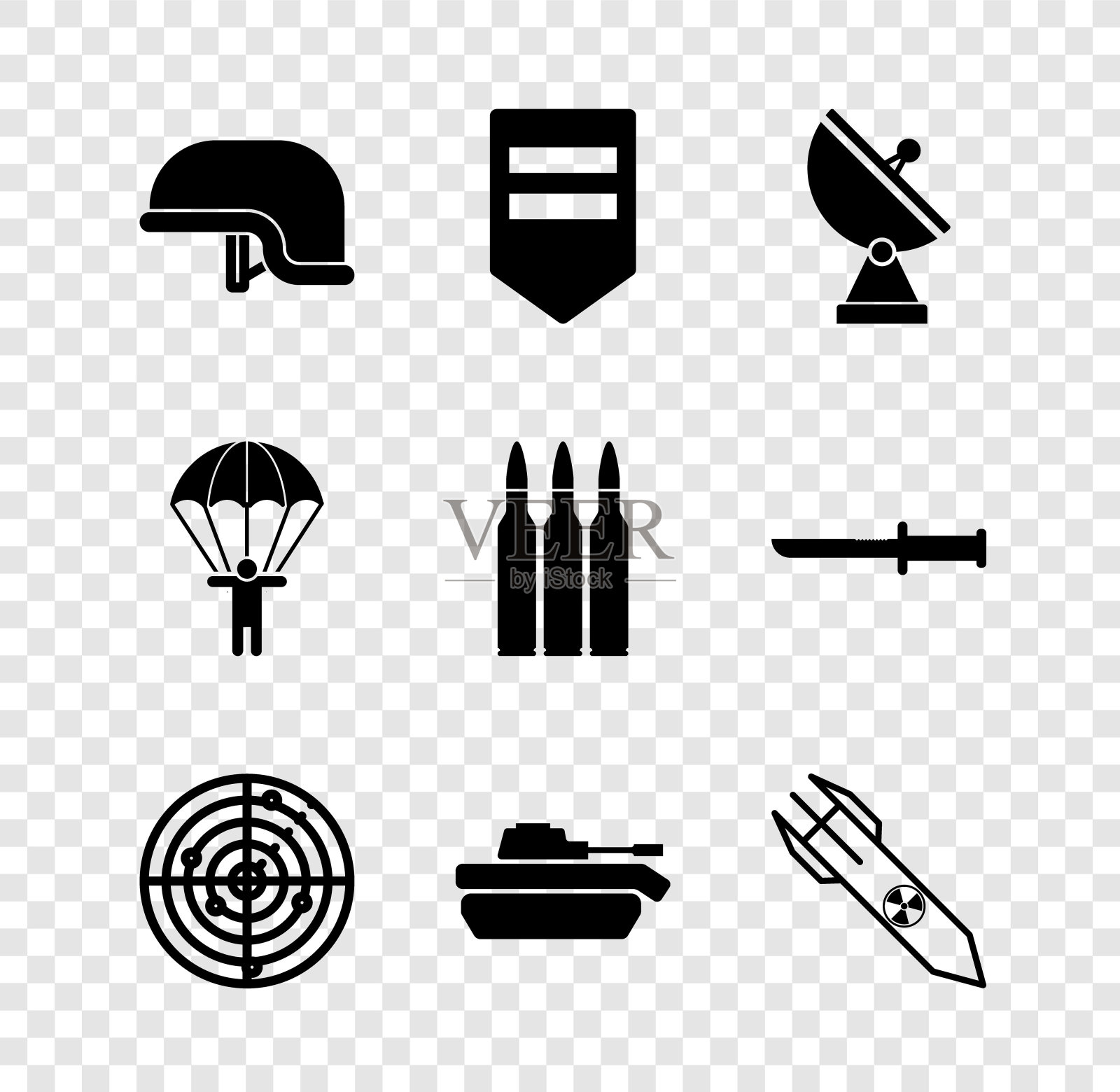 设置军用头盔,雪佛龙,雷达,目标,坦克,核火箭,降落伞和子弹图标。向量图标素材