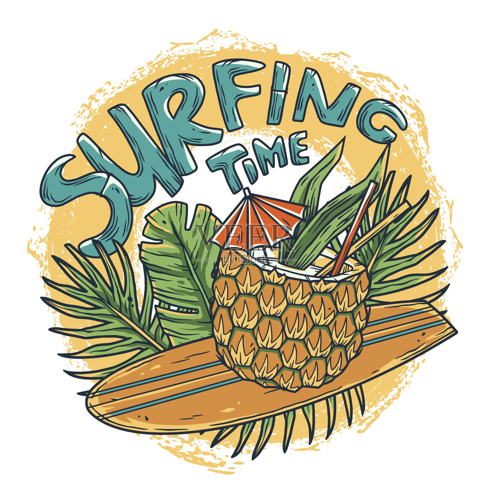 在冲浪板上冲浪夏威夷鸡尾酒设计元素图片