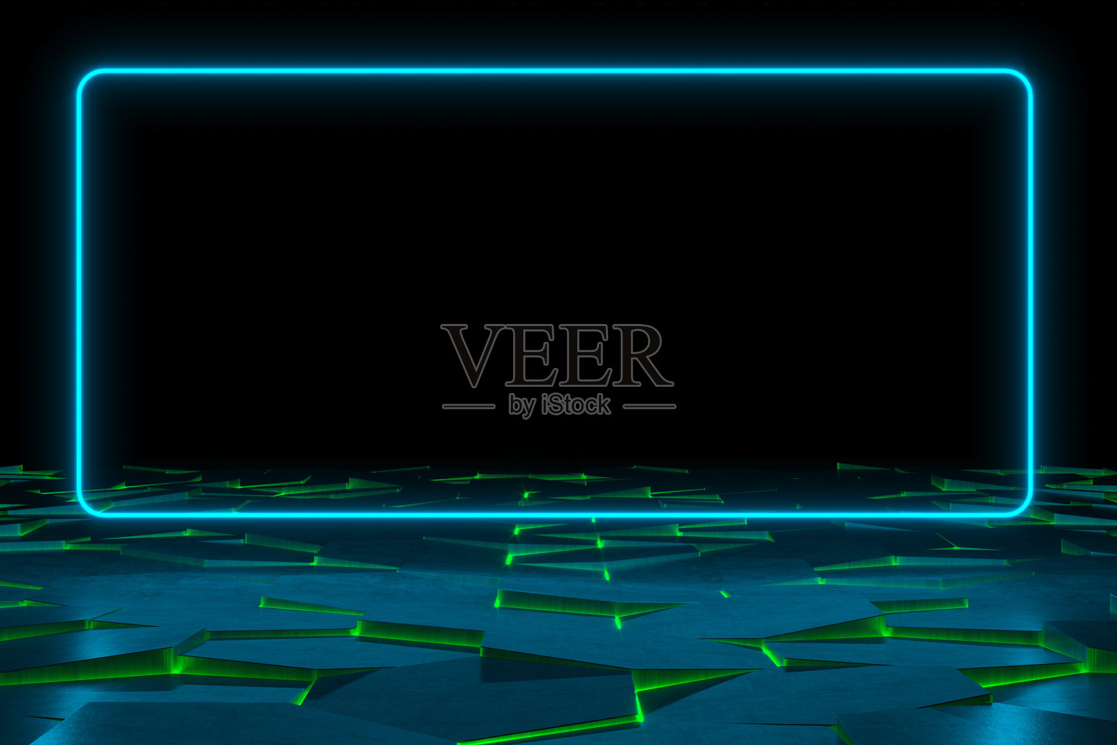 现代的空抽象背景由矩形框架蓝色霓虹灯照亮六角形瓷砖地板80年代的复古风格照片摄影图片