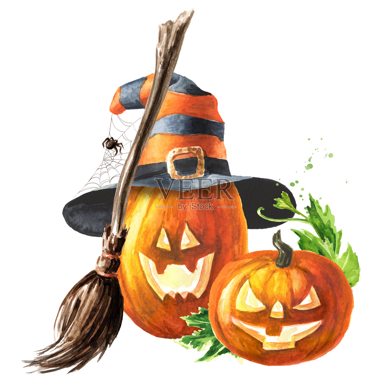 万圣节的南瓜帽,头上有杰克灯,有蜘蛛网和女巫扫帚。手绘水彩插图,孤立在白色背景插画图片素材