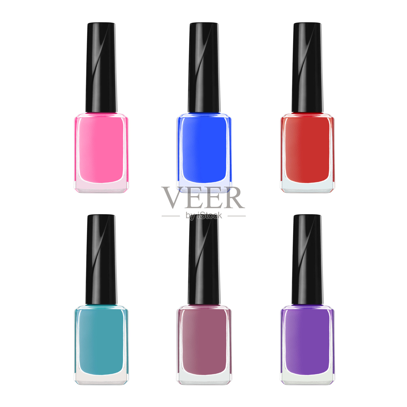 瓶明亮多彩的指甲油对称地放置在白色背景上照片摄影图片