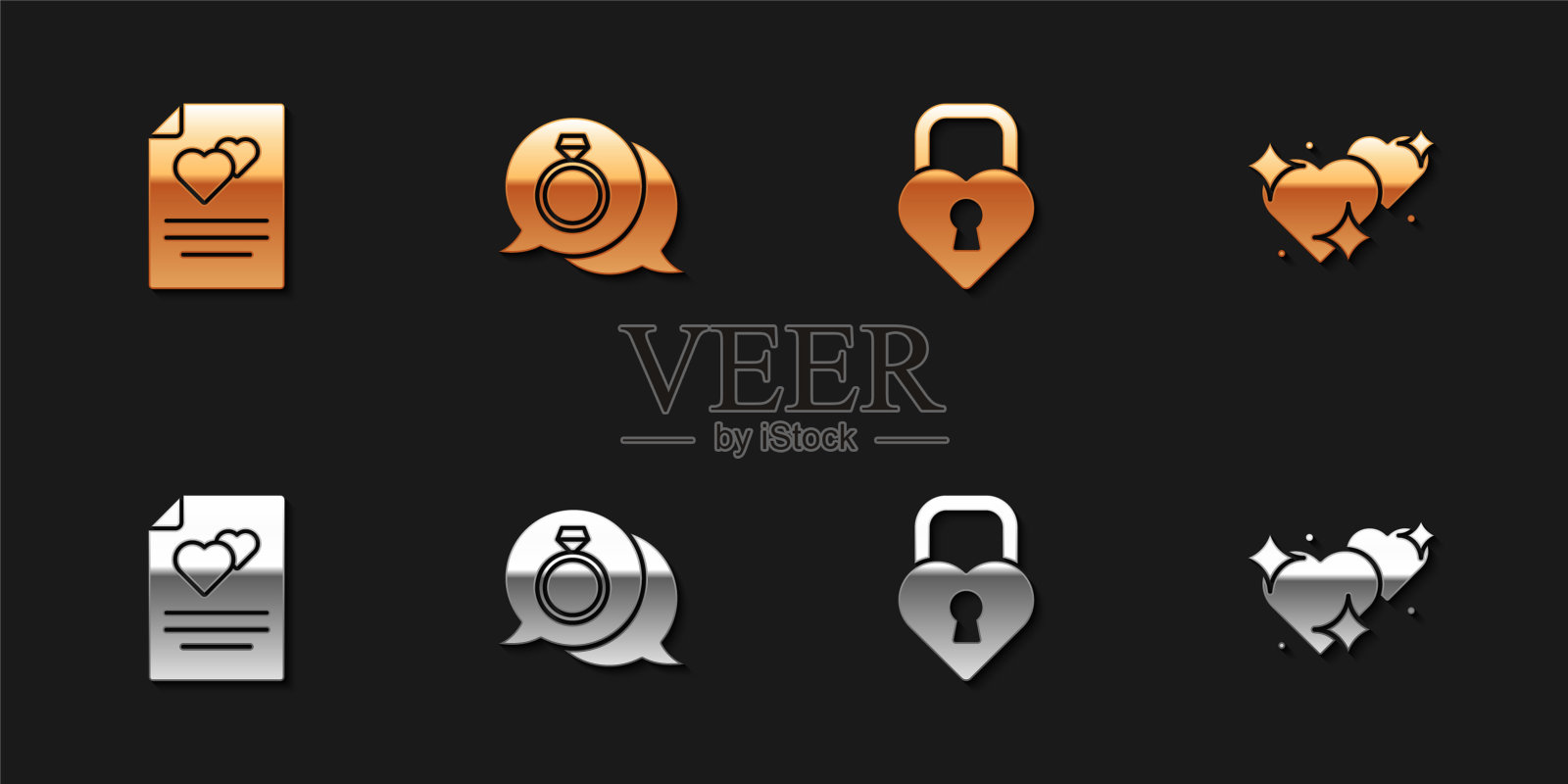 集贺卡,钻石订婚戒指,城堡心形和两颗相连的心图标。向量图标素材