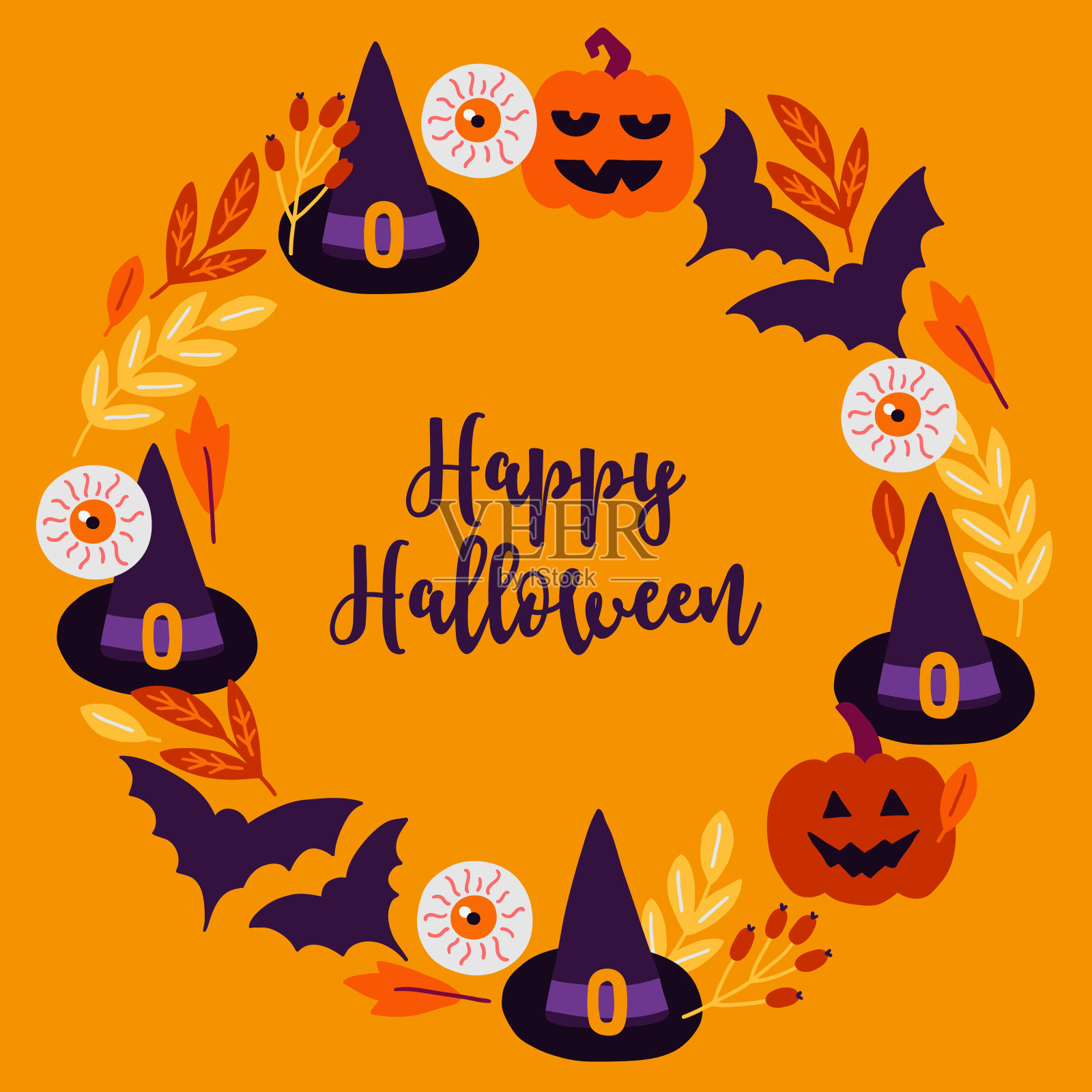 万圣节贺卡有女巫帽,树叶,南瓜,可怕的眼睛设计模板素材