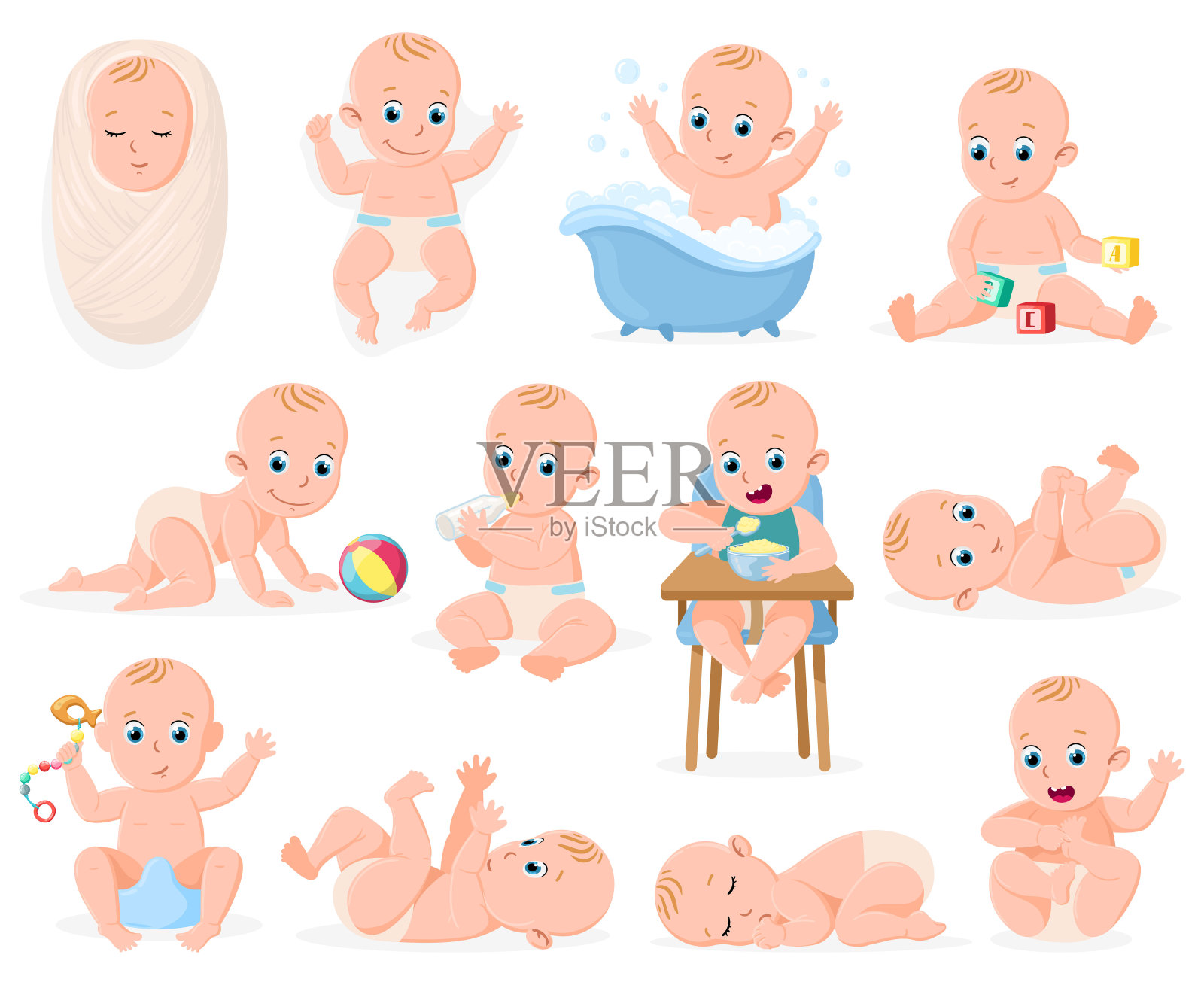 新生儿。婴儿可爱的男孩或女孩婴儿,快乐的婴儿洗澡,婴儿睡觉和玩活动向量插图集。婴儿刚出生的婴儿插画图片素材