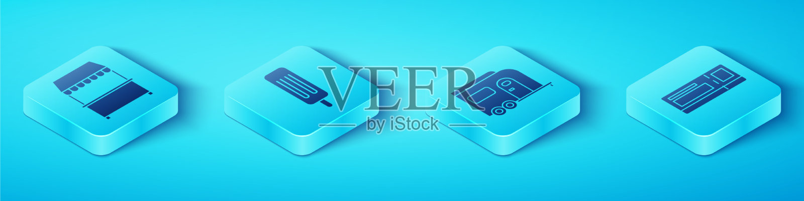 设置等距路边摊和雨棚冰淇淋图标素材