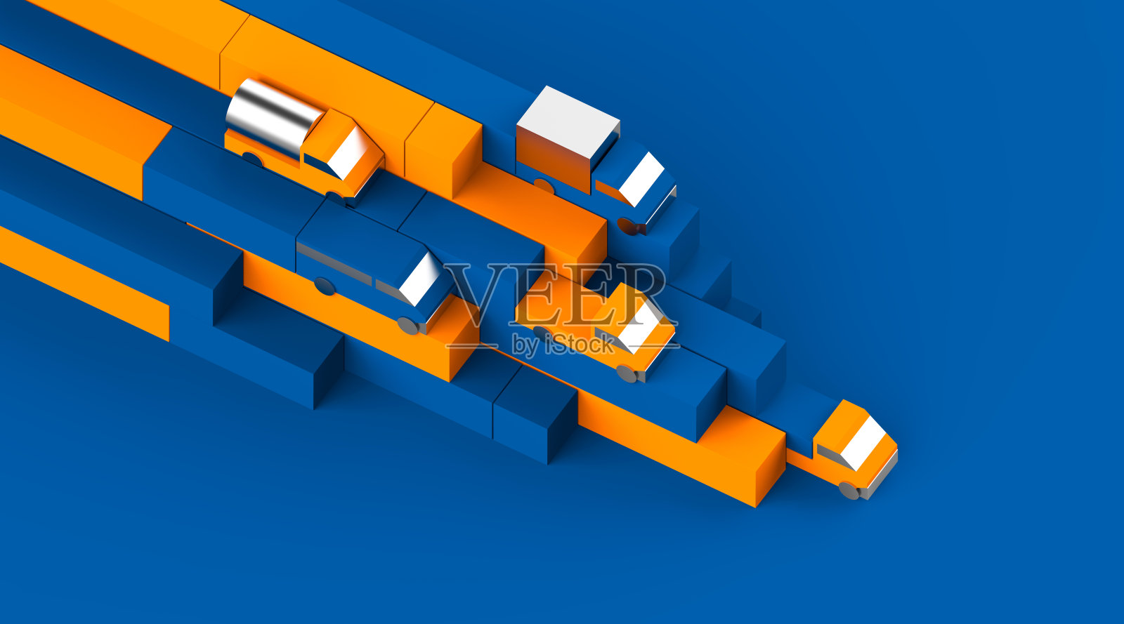 传输构造器3d可视化。原始卡车设置渲染。蓝色盒子和汽车的几何构图。金属卡车玩具模型。车辆等距集合。物流广告插图照片摄影图片