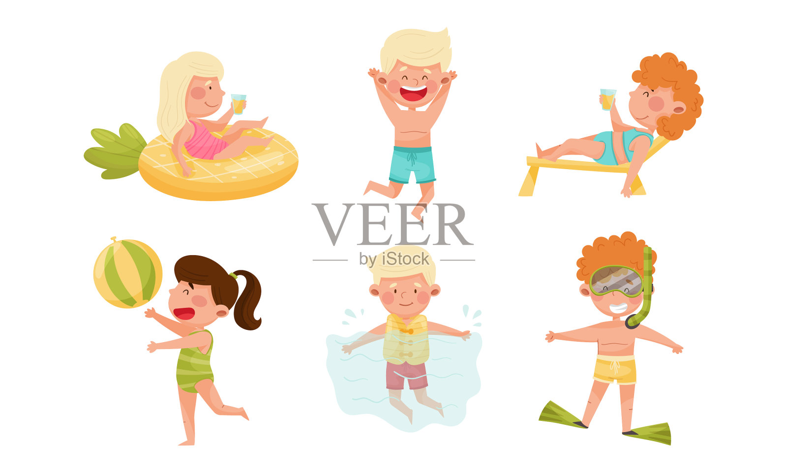 孩子们在海边玩日光浴和插画图片素材
