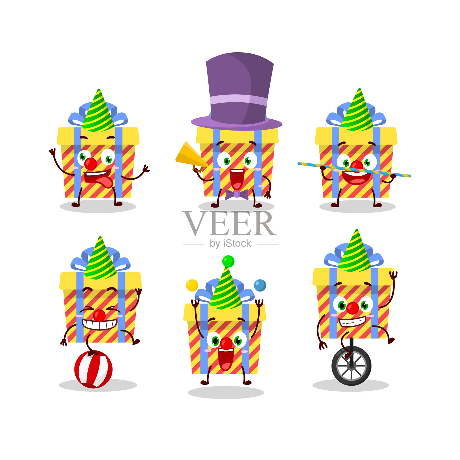 黄色条纹的礼物与各种马戏团表演插画图片素材