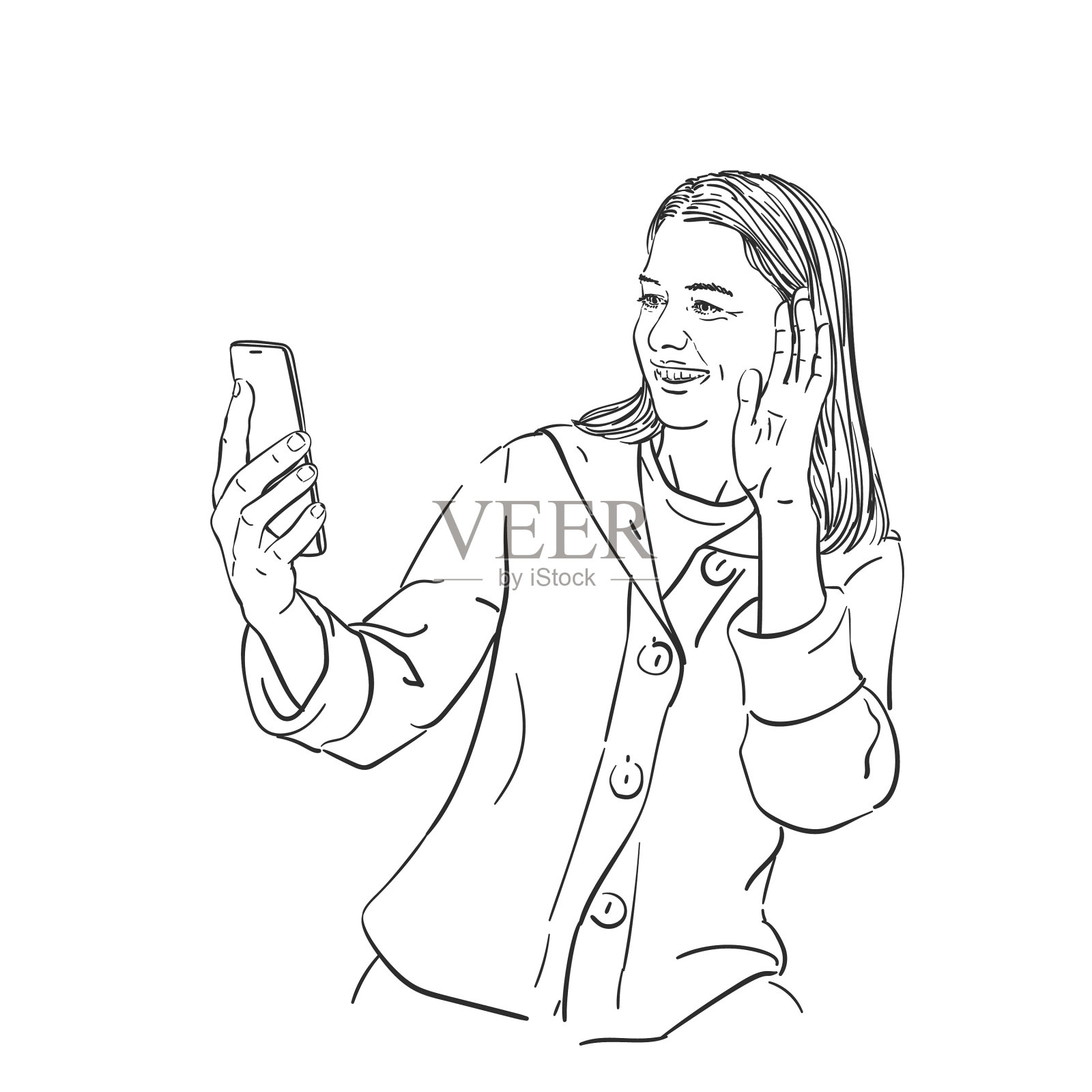 素描快乐的女人在视频通话设计元素图片