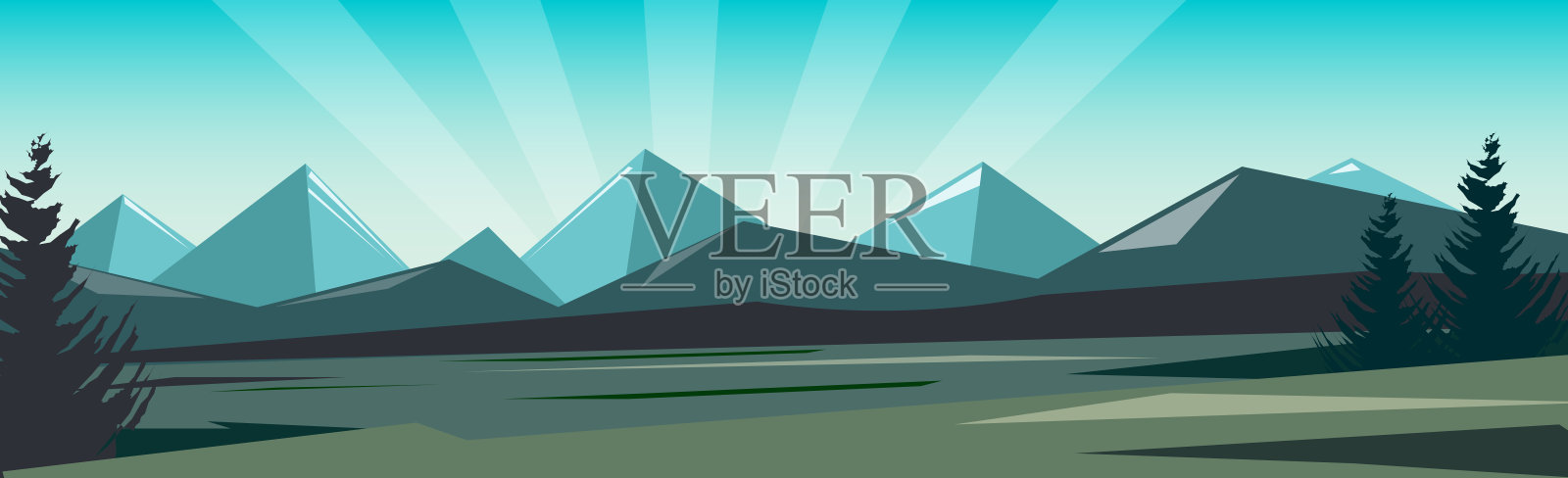 全景山傍晚景观的背景上的一个密集的森林-向量插画图片素材